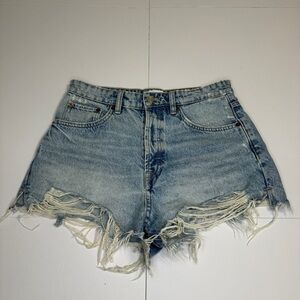 ZARA High Rise Distressed Denim Shorts Size 8 | Vintage Wash Cutoffs